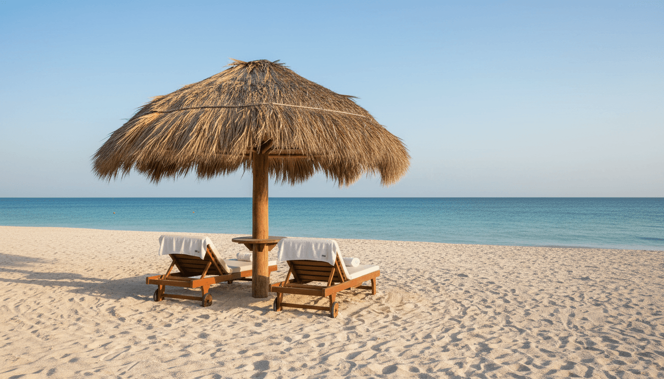 Intimate documentary style, medium wide shot of two empty lounge chairs on a pristine beach under a thatched palapa.