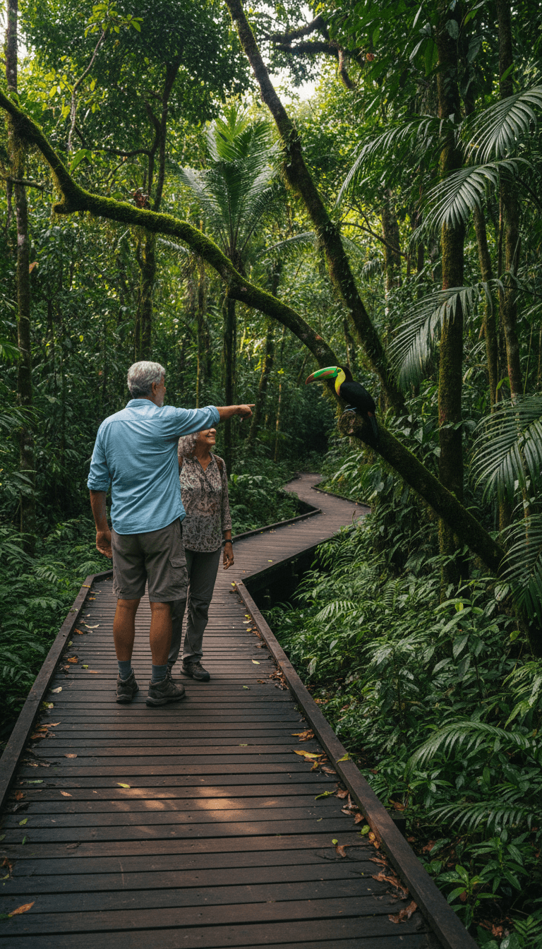Couple walking on rainforest trail in Costa Rica