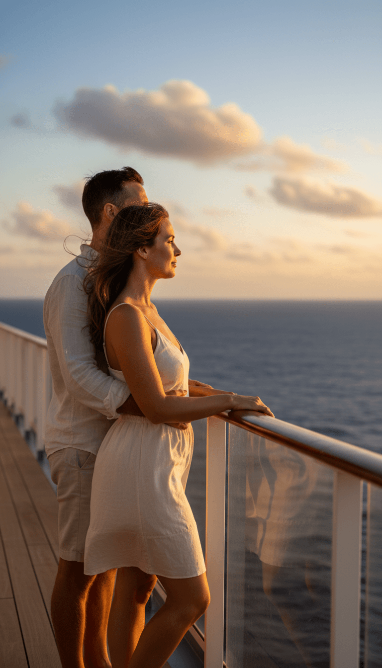 Couple on cruise ship balcony at sunset