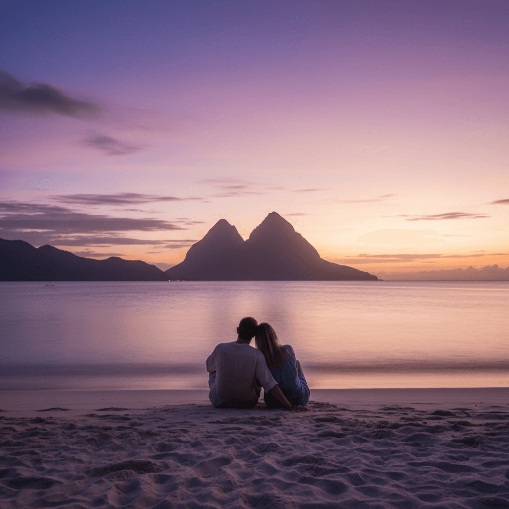 Couple watching sunset on a private beach in St. Lucia with the Pitons in the distance