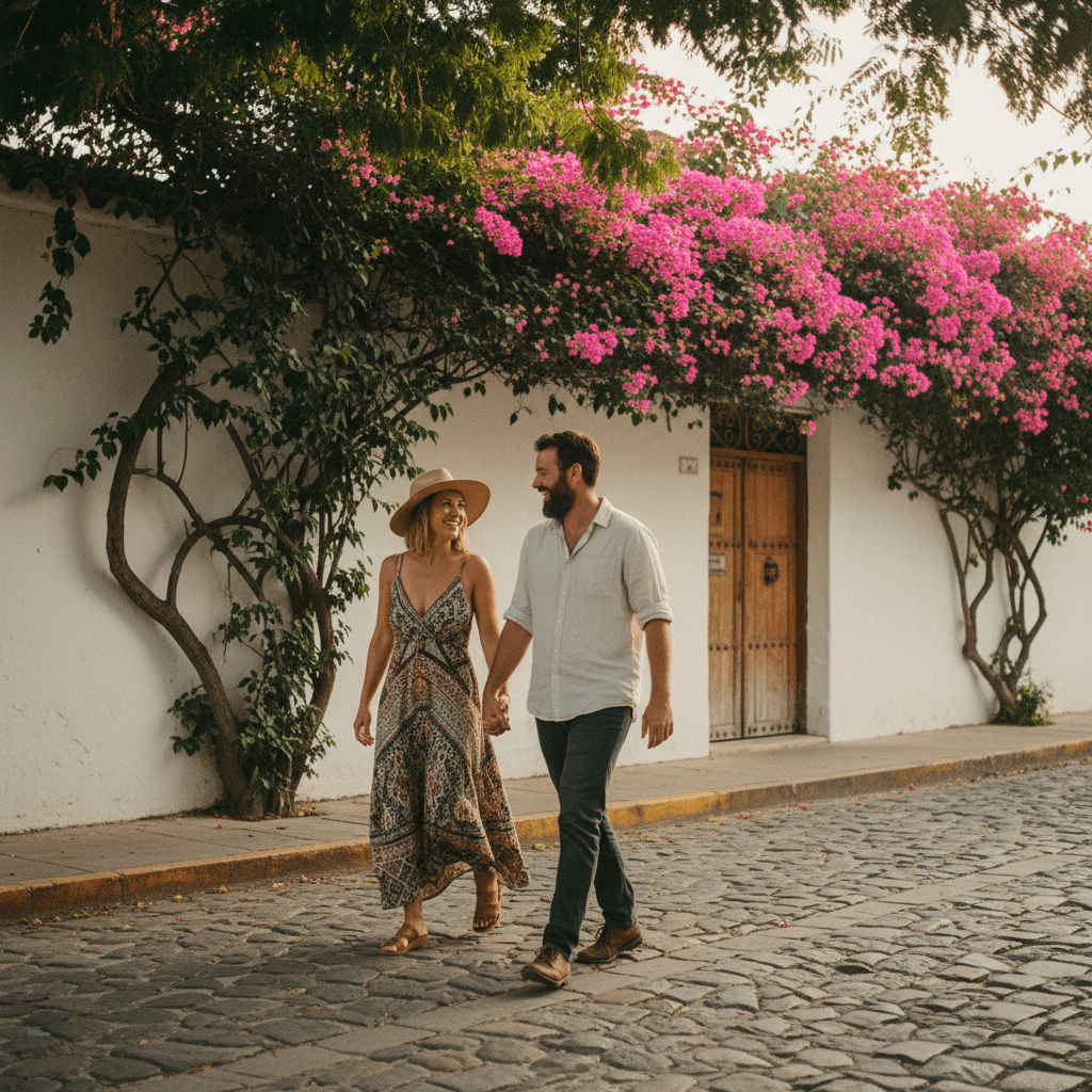 Couple walking through a colonial town street with bougainvillea