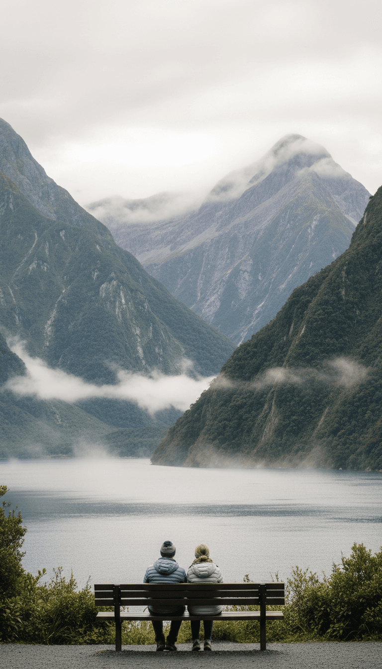 Retired couple sitting on bench overlooking Milford Sound