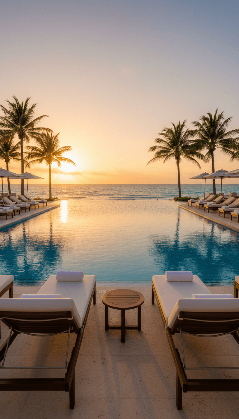 Infinity pool at a luxury adults-only resort in Riviera Maya during golden hour