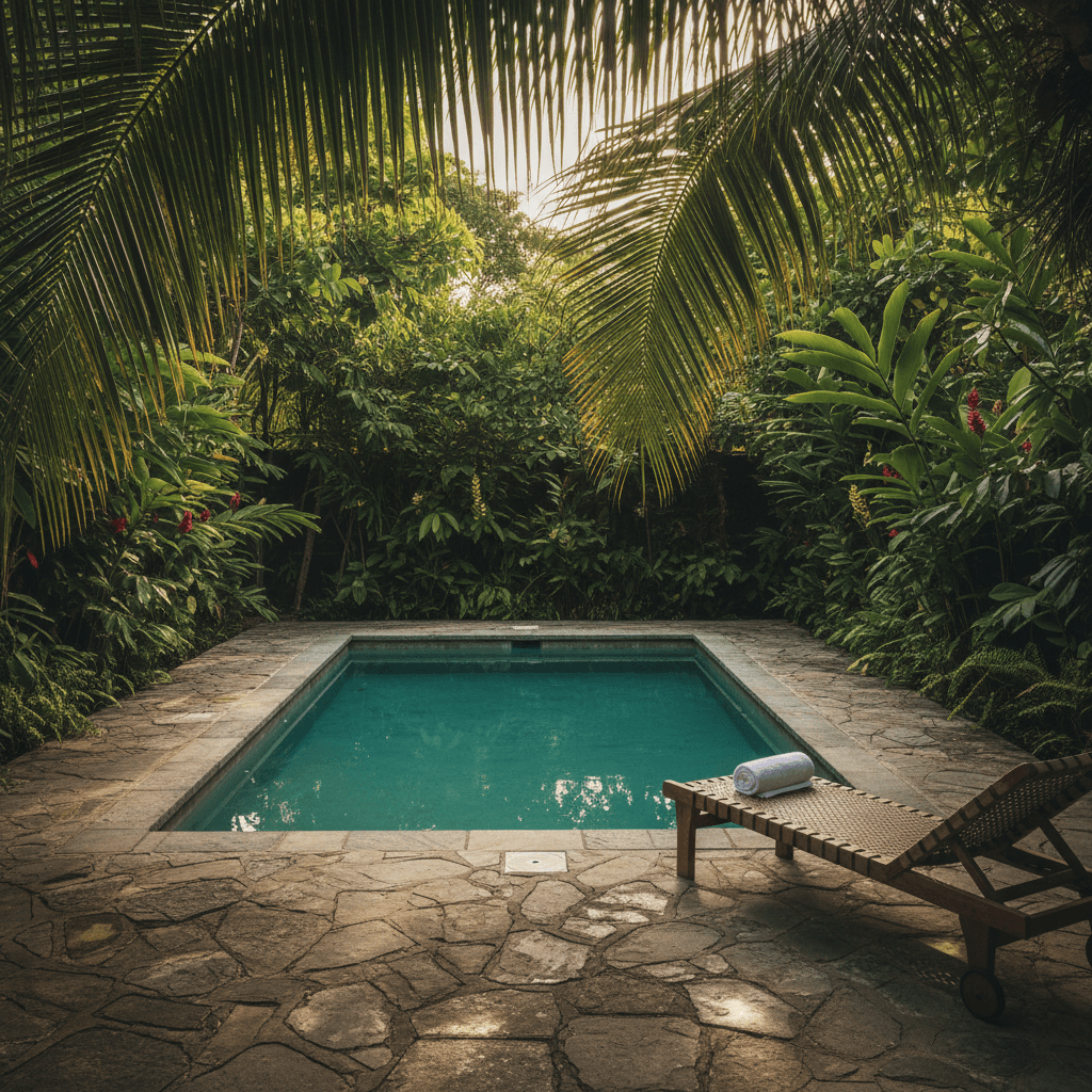 Private plunge pool at a Jamaican resort surrounded by tropical foliage