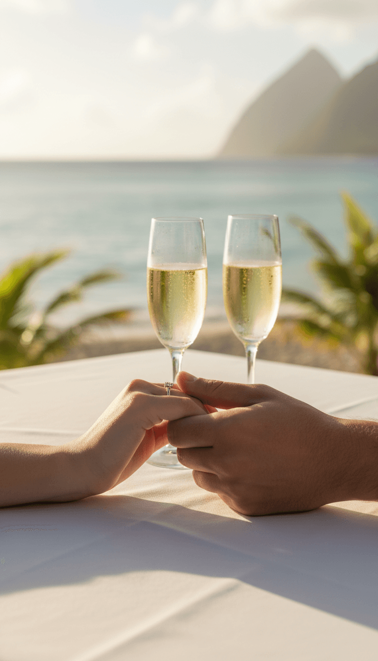 Couple holding hands at beachfront restaurant