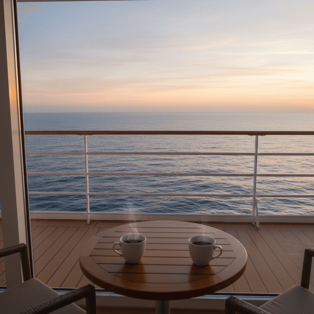 Cruise ship balcony at sunrise with coffee cups